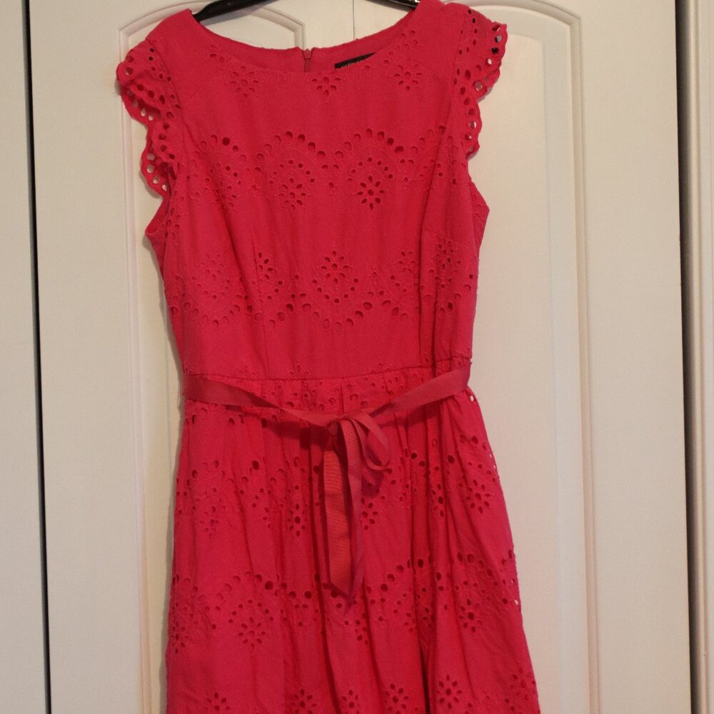 Chris McLaughlin Pink  Eyelet Lined Cotton Dress Size 16 Ribbon Belt Cap Sleeve